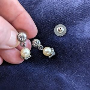 Pearl and silver drop pierced earrings